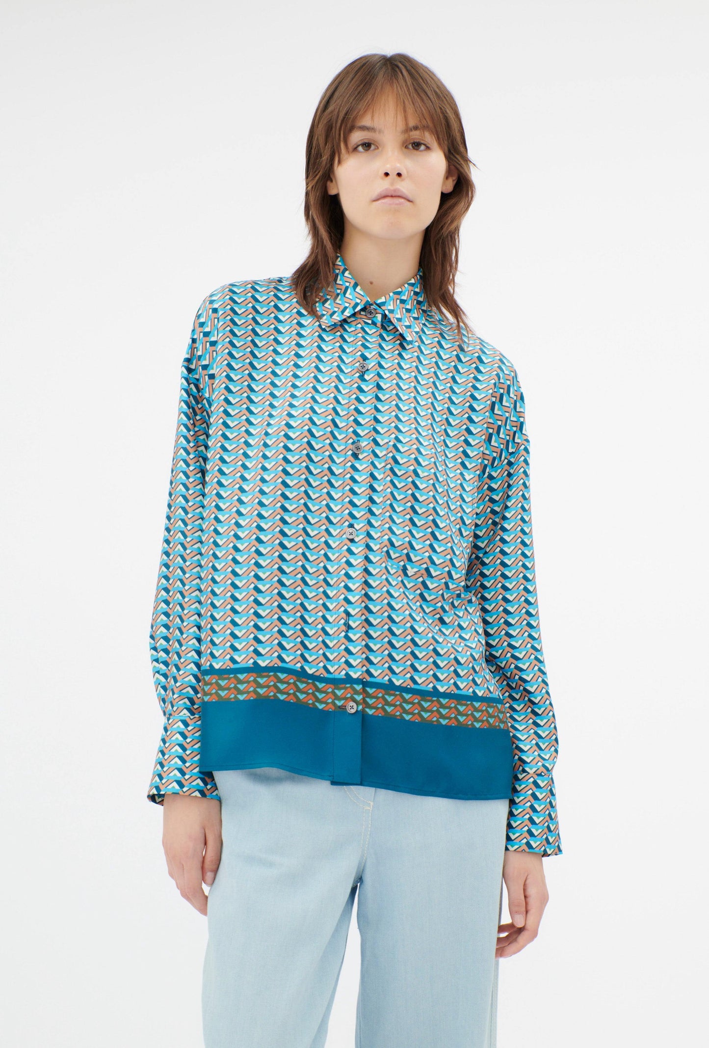 Graphic Silk, Turquoise Blue, Bluse - Lindner Fashion