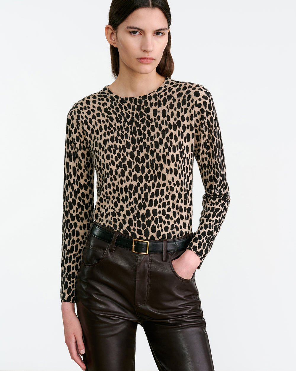 Nili Lotan beiger Pullover mit Leoparden-Print aus Kaschmir - Modelfoto