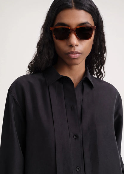 Pleated Silk, Black, Bluse - Lindner Fashion