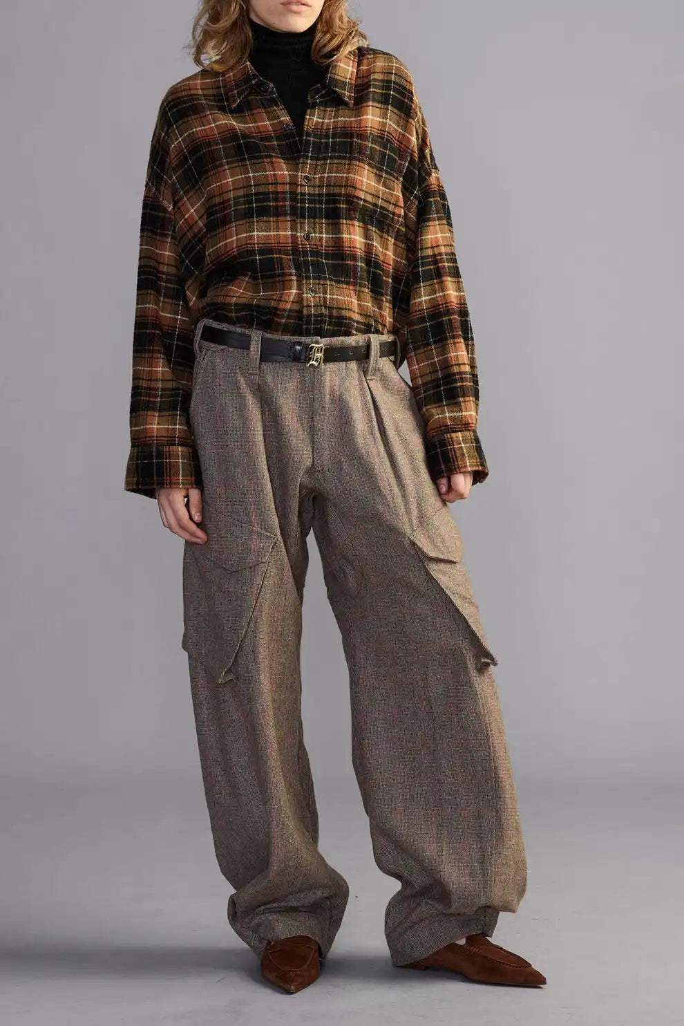 R13, Drop Neck Cropped, Light Brown Black Plaid, Hemd