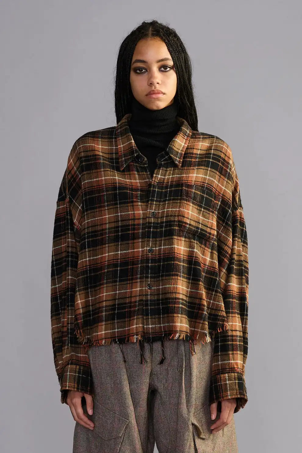 R13, Drop Neck Cropped, Light Brown Black Plaid, Hemd