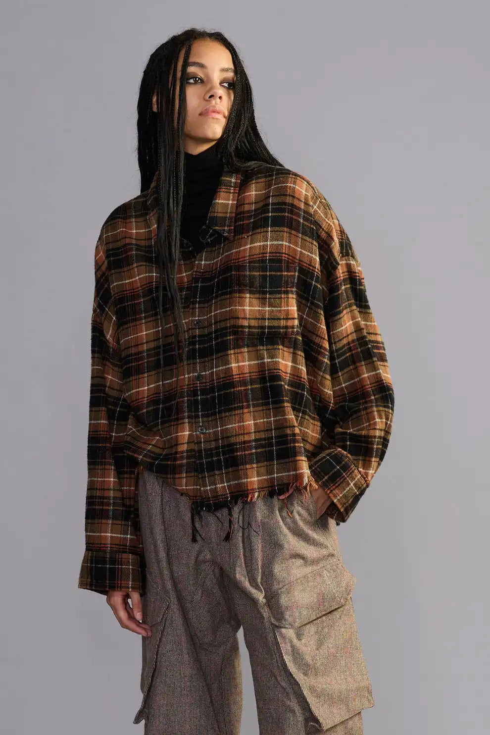 R13, Drop Neck Cropped, Light Brown Black Plaid, Hemd