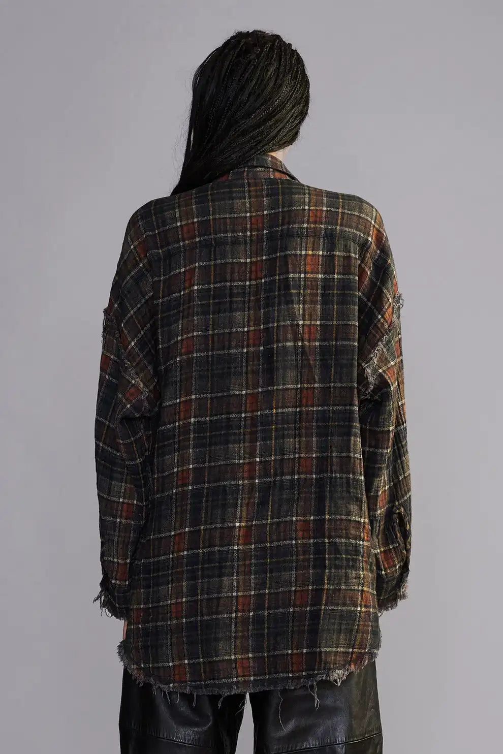 R13, Reversible Shredded Seam Drop Neck, Brown Plaid, Hemd