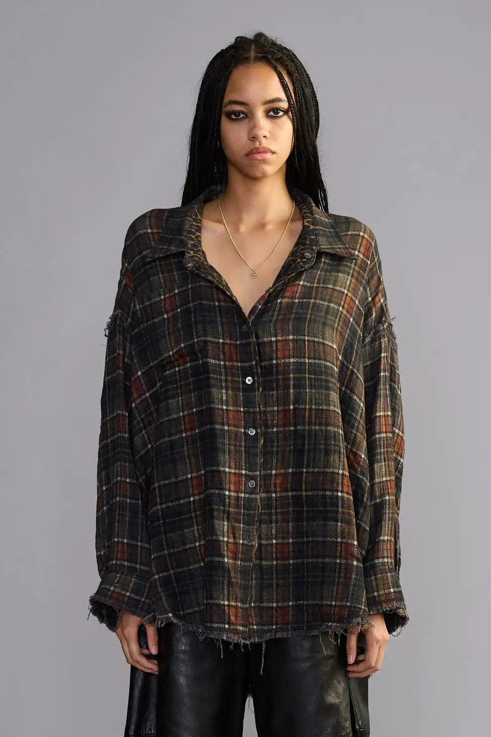 R13, Reversible Shredded Seam Drop Neck, Brown Plaid, Hemd