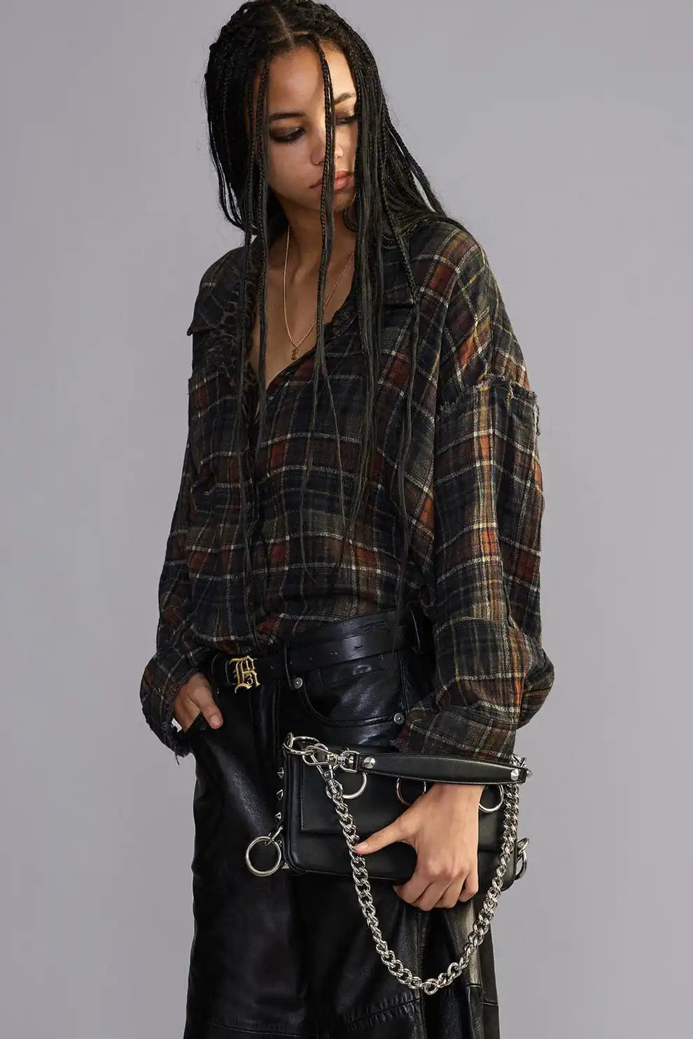 R13, Reversible Shredded Seam Drop Neck, Brown Plaid, Hemd