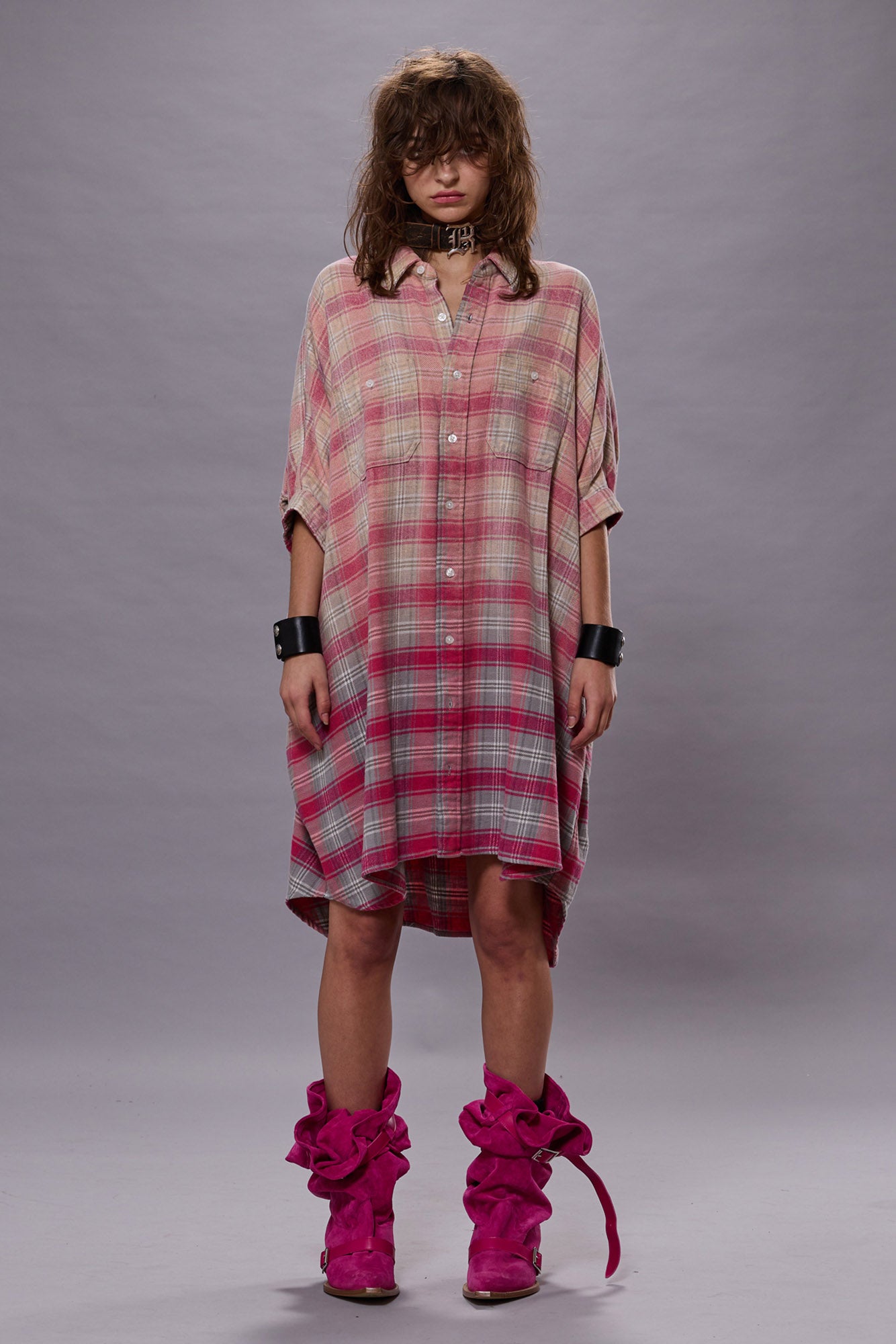 Plaid Oversized, Pink/Grey/Plaid, Dress