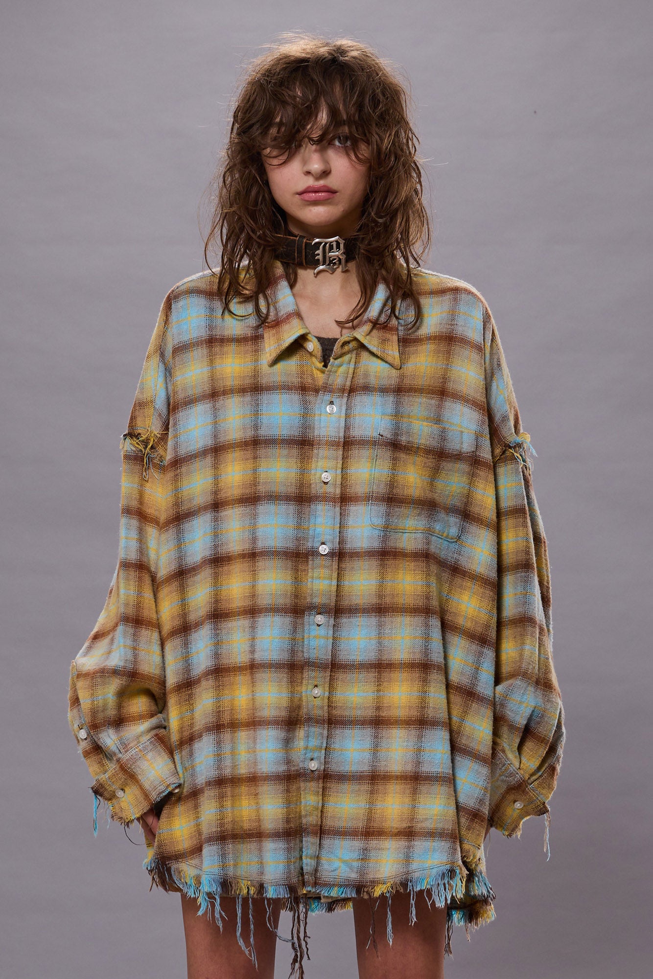 Shredded Seam, Blue/Yellow/Plaid, Drop Neck Shirt