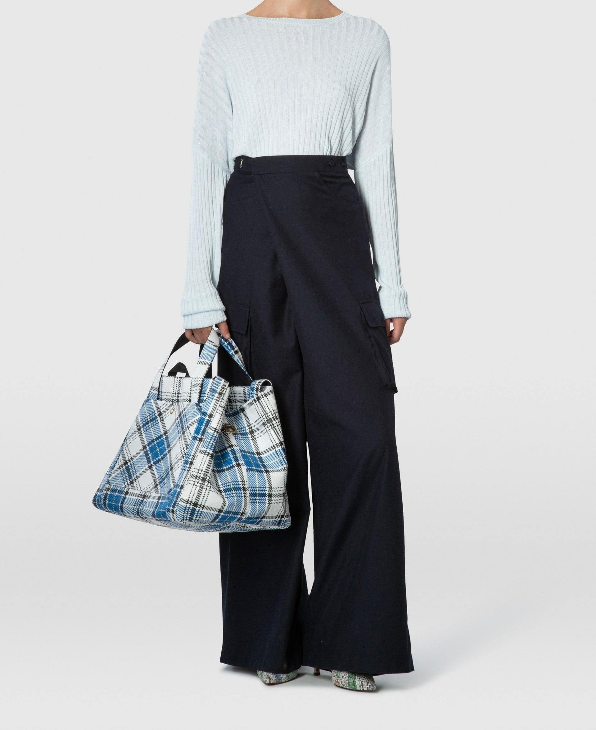 William Fan, Fan Bag L, Blue/White Checked, Bag - Lindner Fashion