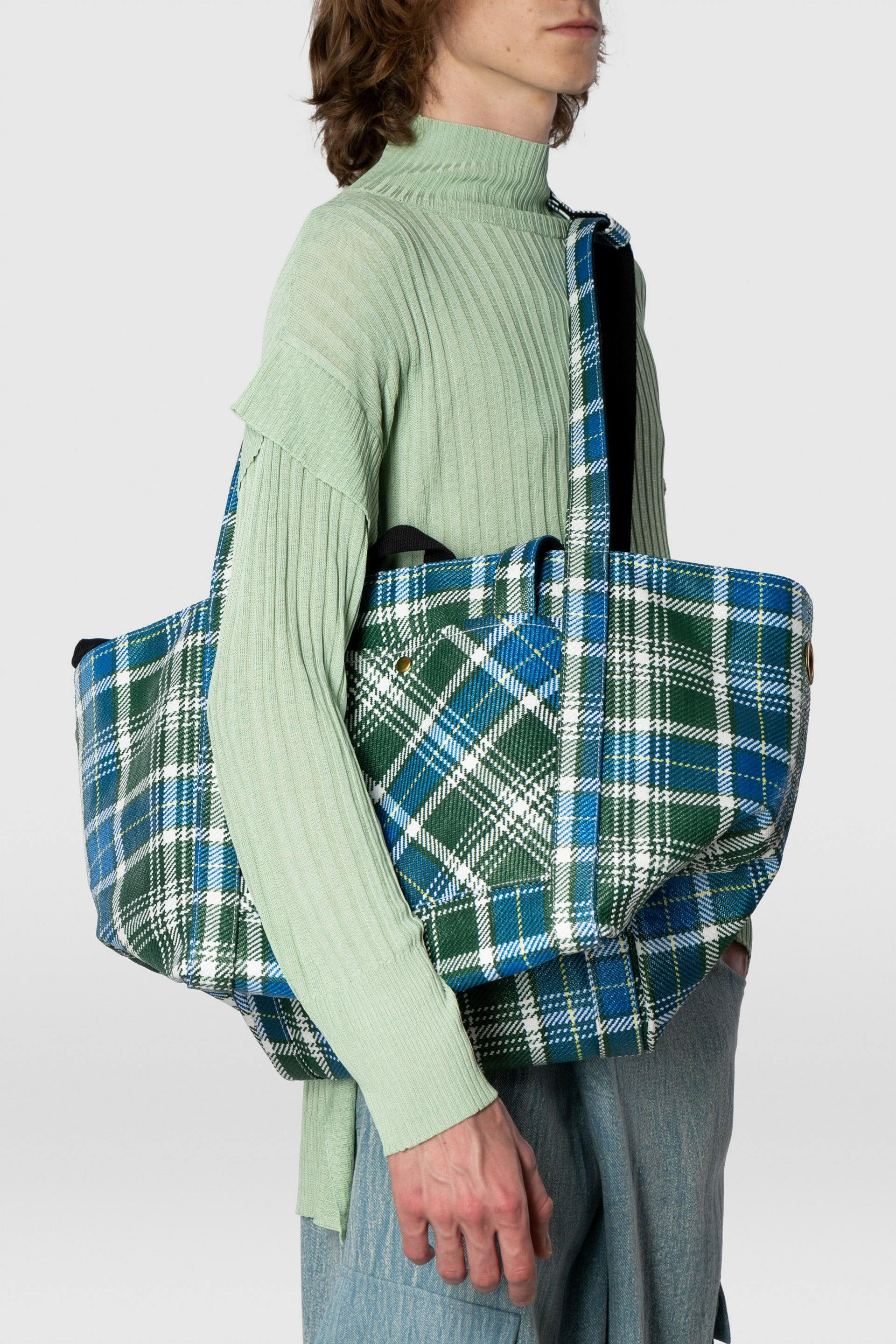 William Fan, Fan Bag L, Green/Blue Checked, Bag - Lindner Fashion