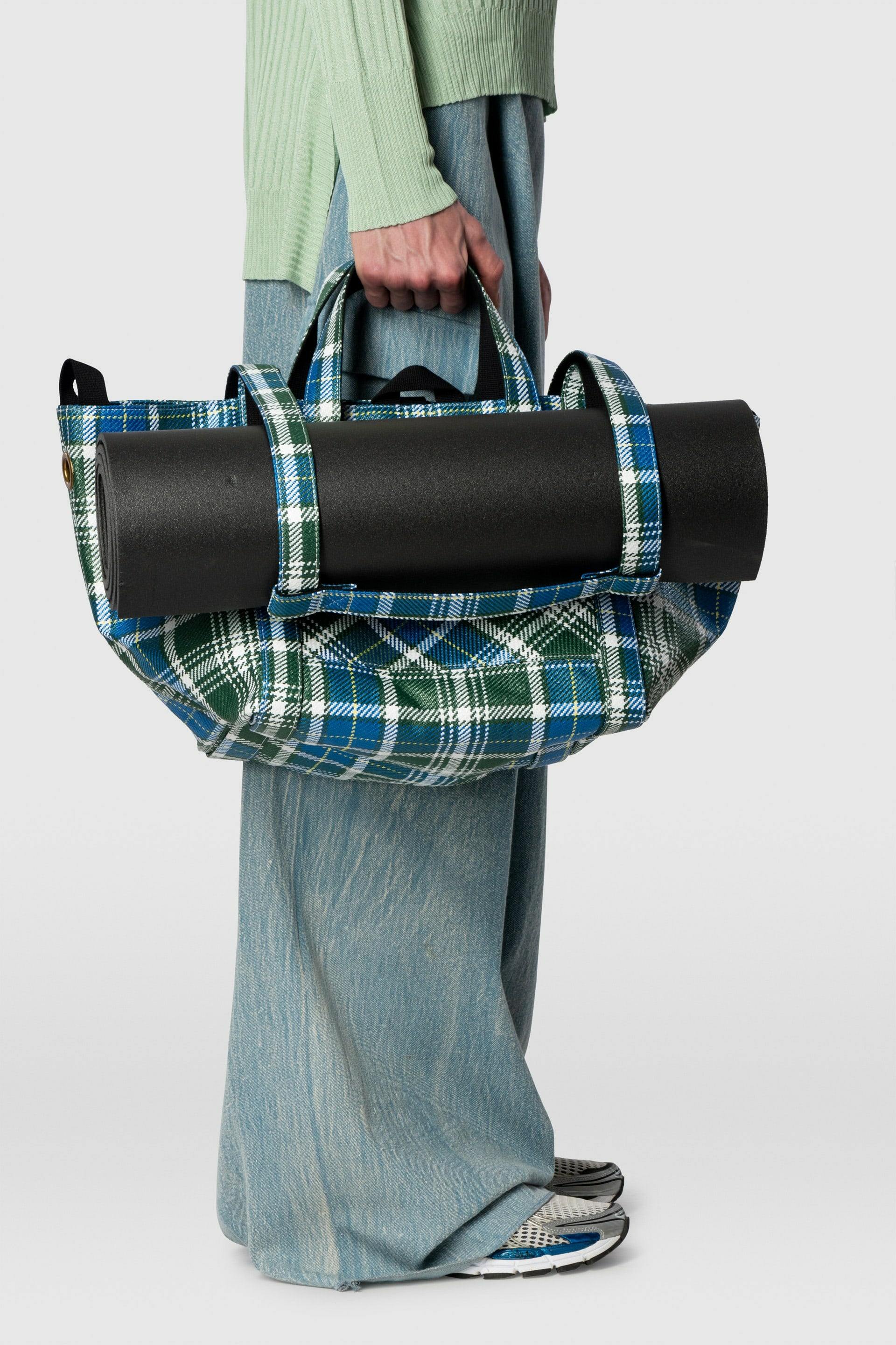 William Fan, Fan Bag L, Green/Blue Checked, Bag - Lindner Fashion