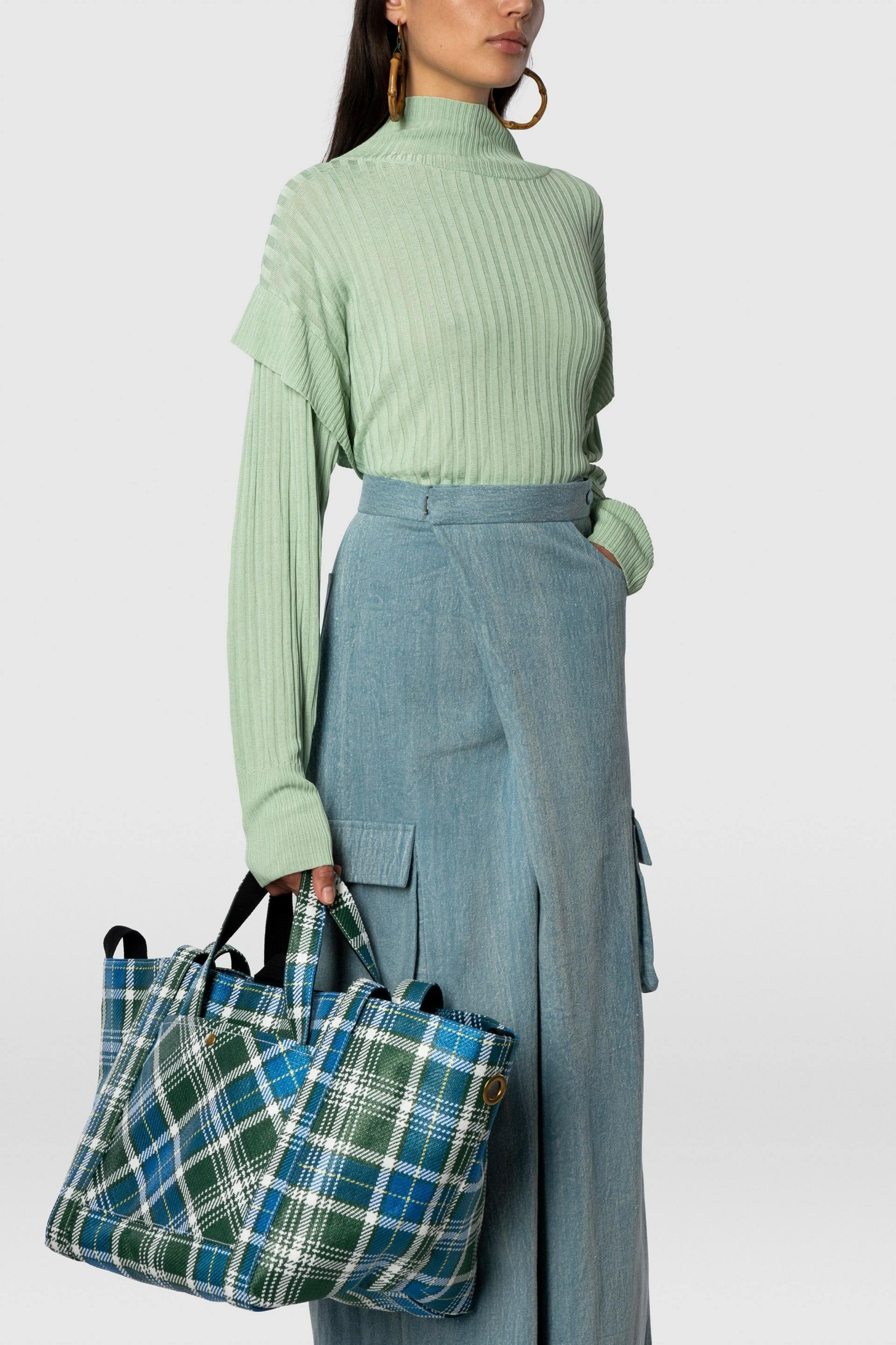 William Fan, Fan Bag L, Green/Blue Checked, Bag - Lindner Fashion