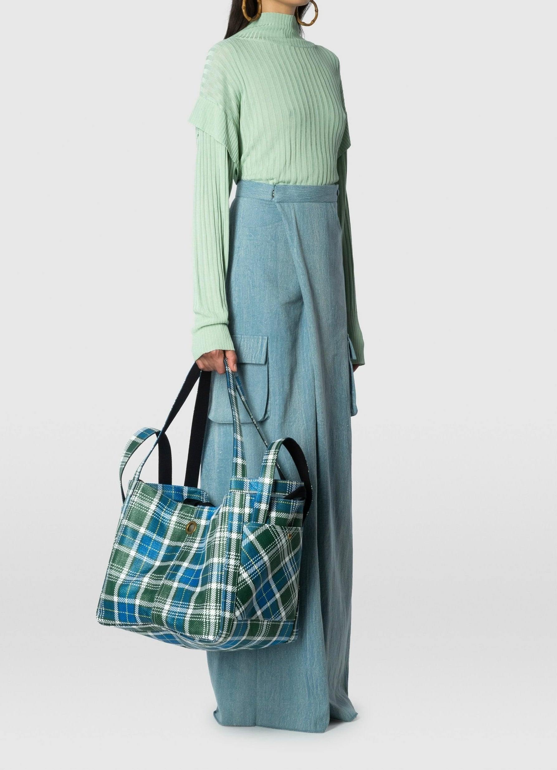 William Fan, Fan Bag L, Green/Blue Checked, Bag - Lindner Fashion