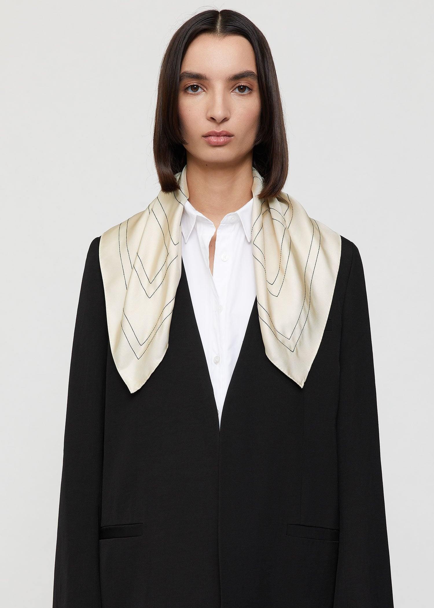 Embroidered Monogram Silk, Cream Black, Scarf - Lindner Fashion