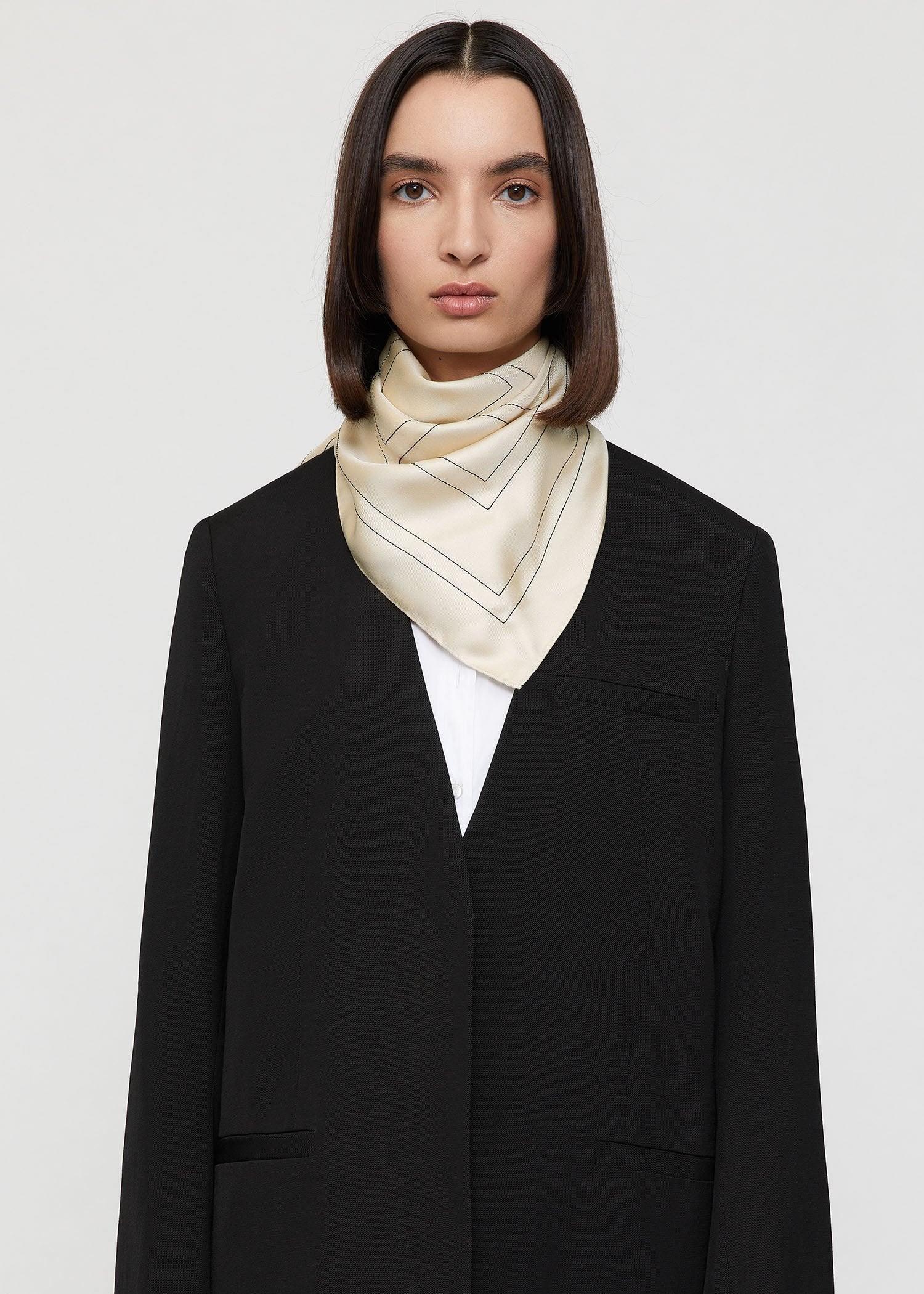 Embroidered Monogram Silk, Cream Black, Scarf - Lindner Fashion